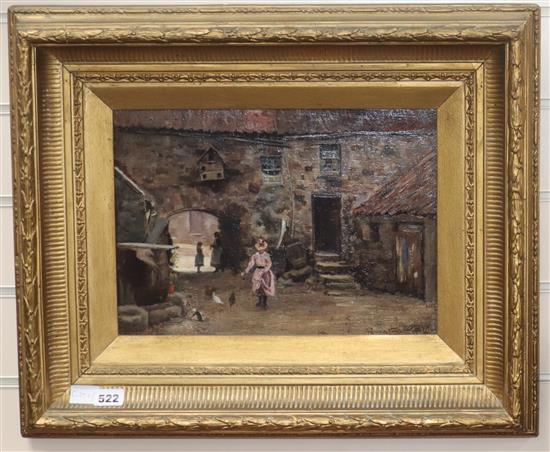 Graham Henderson Tarbert oil on canvas, Woman feeding chickens in a courtyard, signed, 24 x 34cm